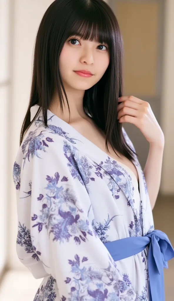 1 girl, top quality, can be generated,  shy face, look off the camera, beautiful breasts, Horizontal milk, Chest seen from the side, hostel, loose yukata, Side view angle,black hair, No underwear, 8k, real , high definition