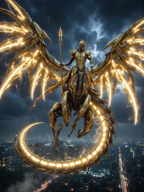 "A warrior in ornate golden armor rides atop a colossal flying serpent with bioluminescent scales. The beast glides through a stormy sky, its wings generating lightning as the rider wields a spear crackling with pure energy. Below them, a vast futuristic c...