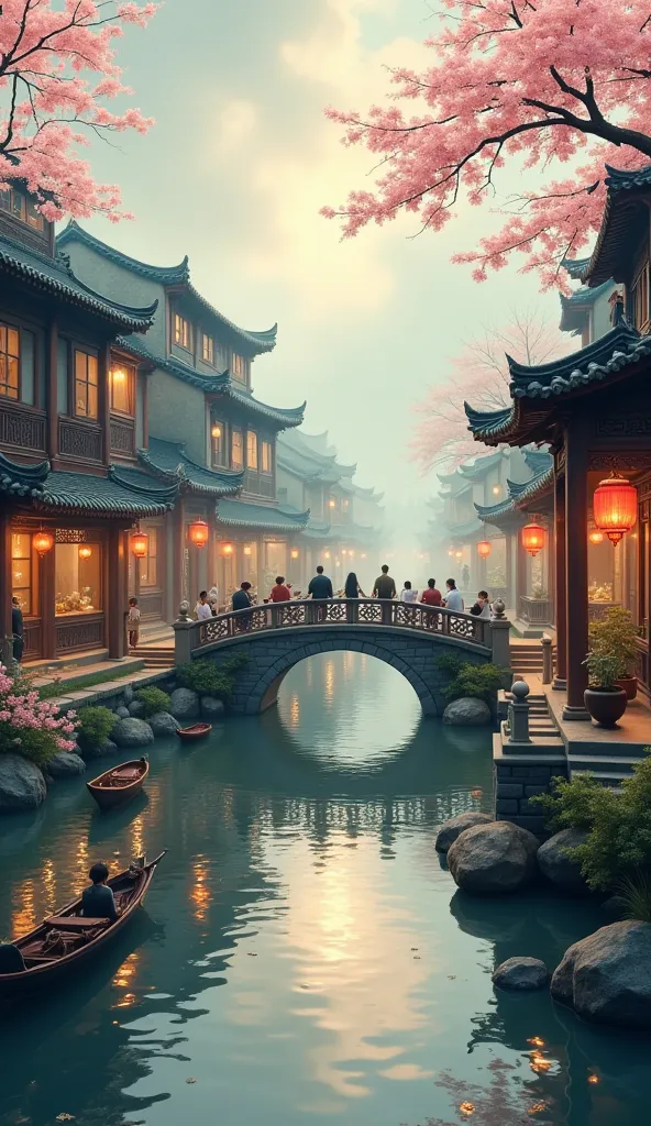 high resolution,Professional art ,excellent level of detail,Beautiful and realistic,Natural Light, Natural Color ,calm atmosphere, heartwarming,Healing, Chinese style, Jiangnan Water Town,Small bridge and flowing water,crowd,smoke and rain hazy,Old town bu...