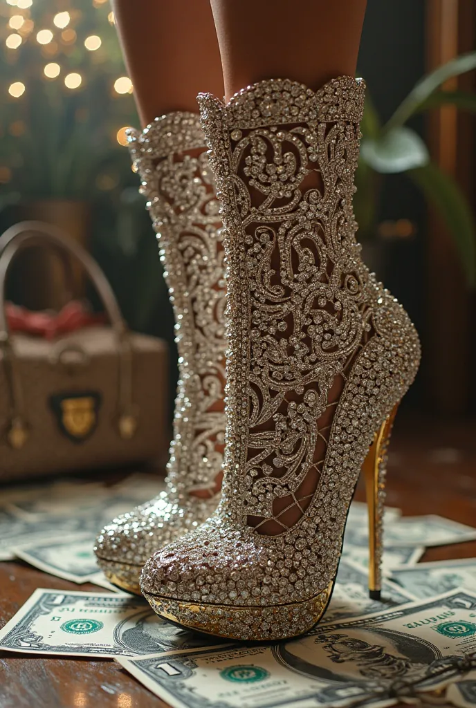 make a scene featuring money and diamonds everywhere with the number 250 on dollar bills and diamonds encrusted with the number 250 in the ultimate luxury exuding a gansgter aura with a crowbar’s jewelry and pleaser style platform dancer boots with 10 inch...