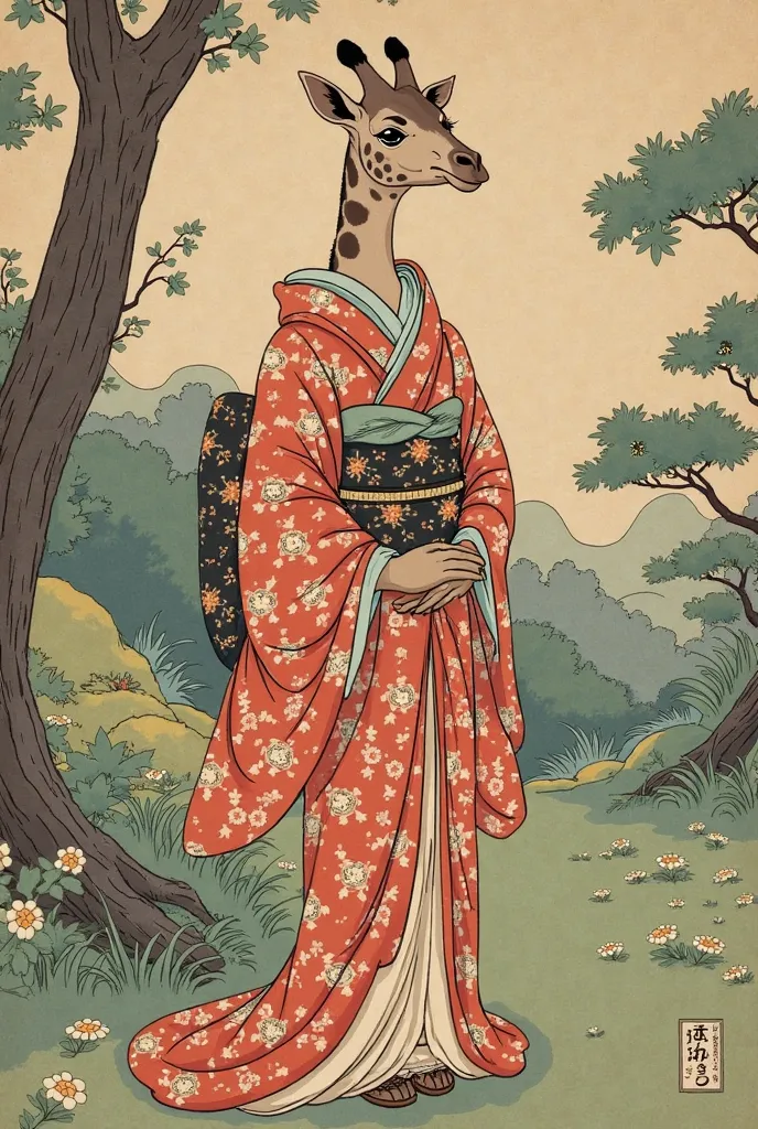 araffe dressed in a kimono standing in a garden, a picture inspired by Nishikawa Sukenobu, flickr, sōsaku hanga, japanese kimono, in kimono, traditional geisha clothing, intricate geisha kimono, pale and coloured kimono, wearing a kimono, kimono, wearing k...