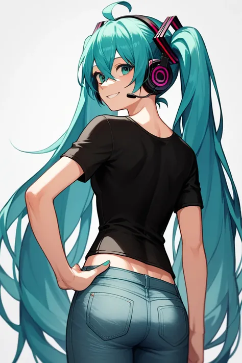 score_9, score_8_up, score_7_up, source_anime, miku hatsune, ahoge, aqua eyes, aqua hair, crossed bangs, hair between eyes, hair ornament, headphones, long hair, twintails, solo, cowboy shot, black t-shirt, taut clothes, tight shirt, midriff, jeans, black ...