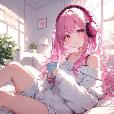 1 girl, pink eyes, pink long hair, white off-the-shoulder sweater, cute headphones