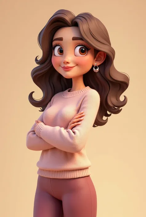 A young woman in her mid-20s in a 3D cartoon style. She has medium-length brown hair with soft, flowing curls, and expressive, warm brown eyes. Nina wears a cozy, pastel-colored sweater with leggings. Her features are soft and rounded, with a kind smile an...