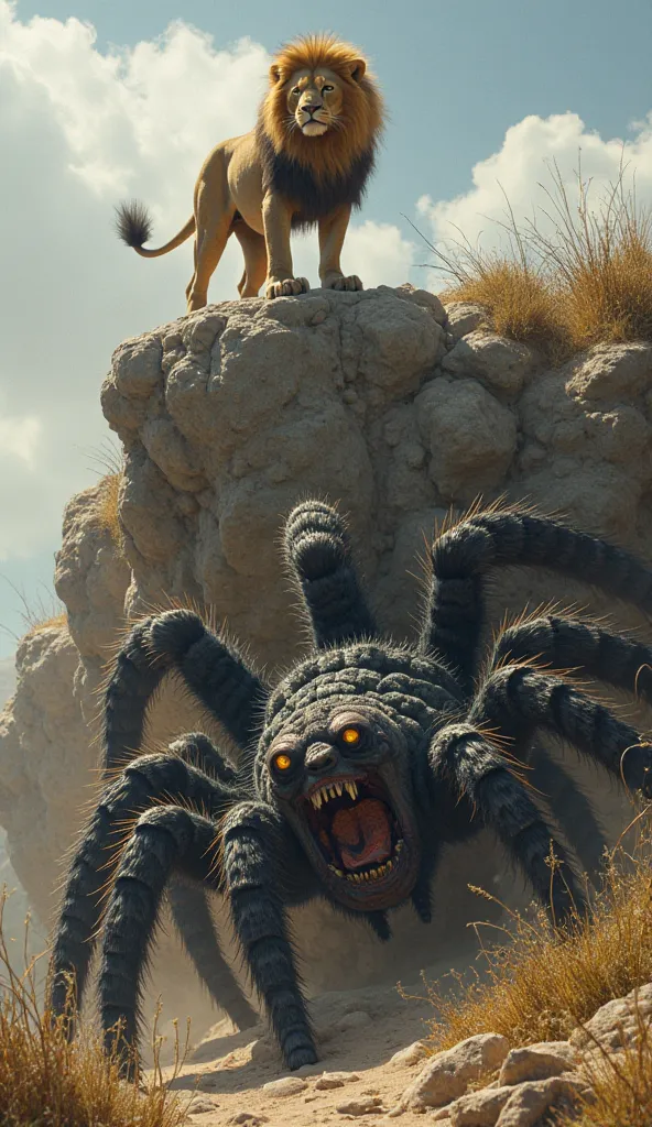 A majestic lion stands atop a rocky outcrop, its mane flowing in the wind. Below, a massive tarantula lurks in the shadows, its many eyes gleaming with hunger. The ground trembles as they prepare to strike.