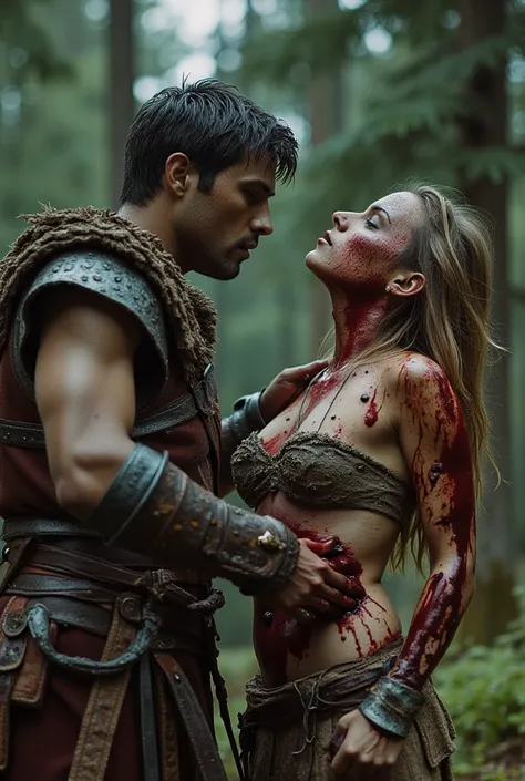 Bloodied and mortally wounded female warrior duelling a male warrior. The male warrior is plunging his sword in the female warrior's belly. Male warrior thrusts his sword in the female warriors belly.  A Sword is plunged in the female warriors belly. Male ...