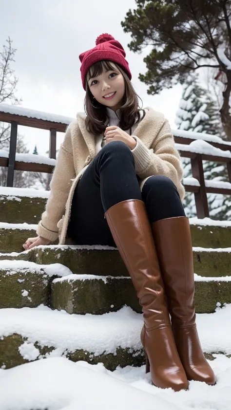  Knee High Heel Boots 、 Snowy Scenery 、Sitting on a stone staircase in a park at night、 align your toes 、Put on both knees and close、Focus on your toes 、from below、Knitted hat、Knitted coat、