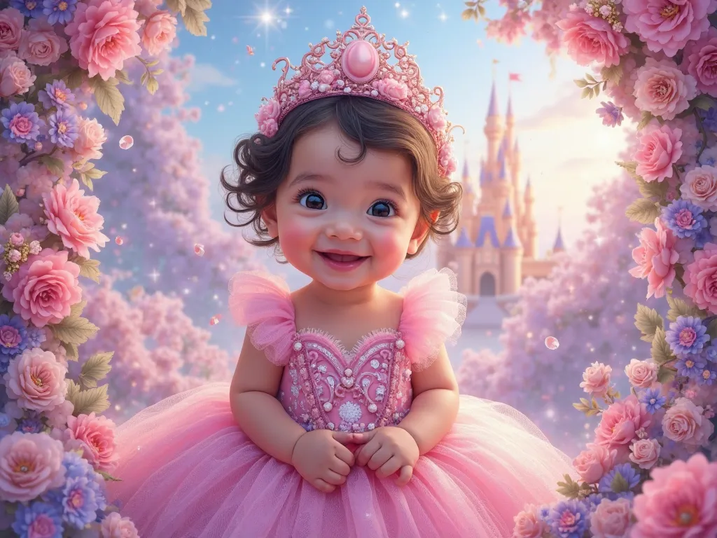 Create a 2 inches by 2 inches (high resolution} layout: 
Welcome to the Christian world and happy 1st birthday " Angelica Pedrojas"
Theme: Disney Princess
Color: Pink and Violet
Date March 15, 2025