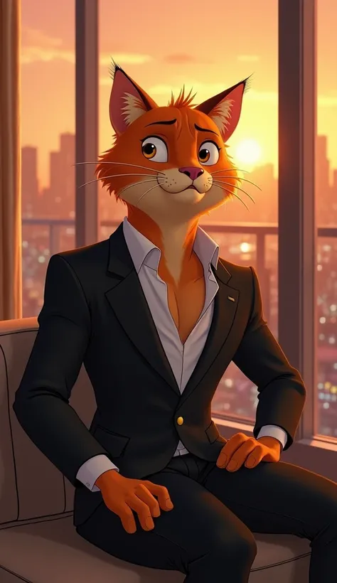 A muscular orange tabby cat in Disney-Pixar style, dressed in a stylish black suit with an open-collar white shirt, sitting in his luxury penthouse, looking out over the city. Despite the wealth around him, he looks unsatisfied, longing for something more....