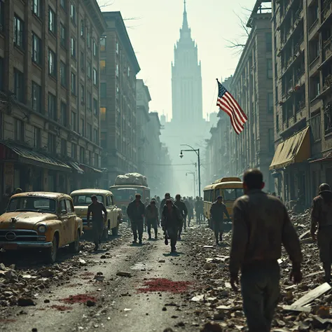 Create a cinematic shot of a deteriorated, war-torn street in abandoned New York City, where zombies lurk in the shadows, ready to emerge. The high-quality image captures the gritty and realistic scene, with broken and abandoned buildings lining the street...