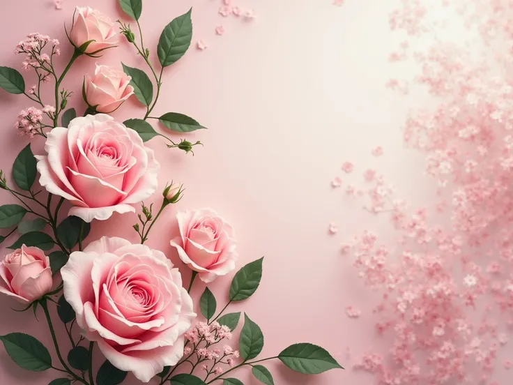 (HD, super sharp, high resolution for printing) Create a backdrop celebrating International Women's Day 8/3 with a delicately arranged, in a romantic and luxurious style. Use the dominant tone of dark pink, white and green. The central image is a bouquet o...