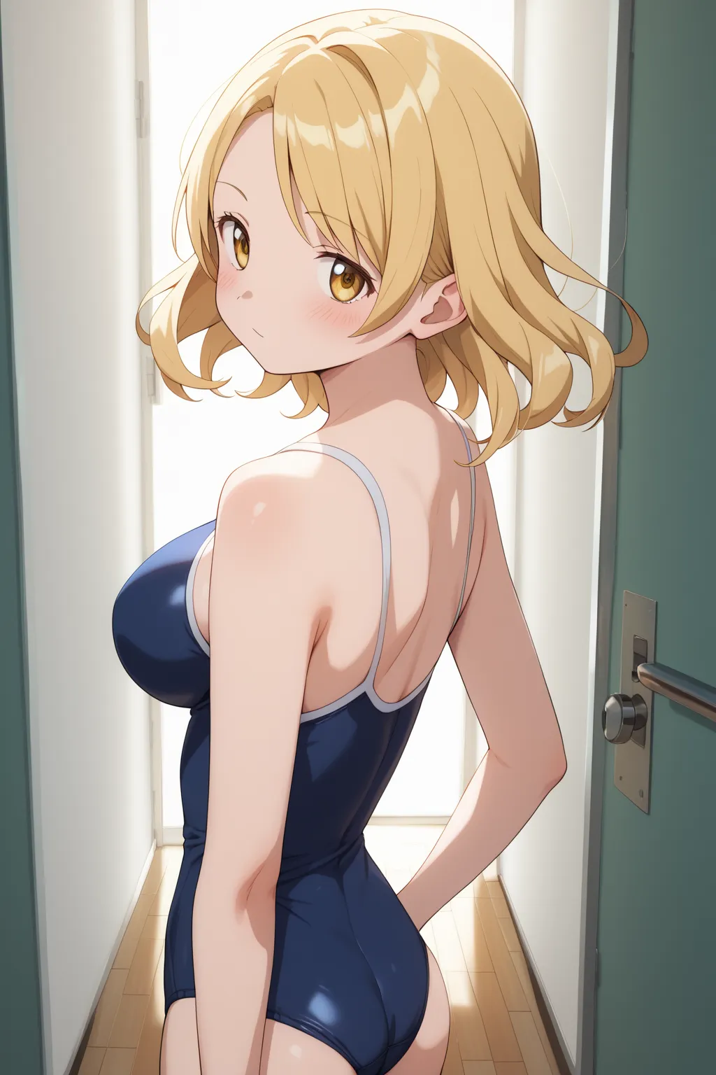 masterpiece, best quality, detailed beautiful face and eyes, very detailed background, Mami Tomoe, megami magazine, medium blonde hair, parted bangs, yellow eyes, large breasts, 1girl, (blush), looking back at viewer, school hallway, one-swimsuit, cowboy s...