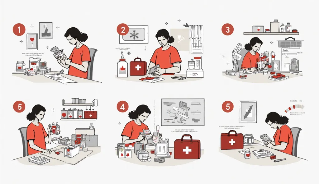 A step-by-step guide illustration for refilling a first aid kit, with clear sections for assessing, replacing, and organizing medical supplies