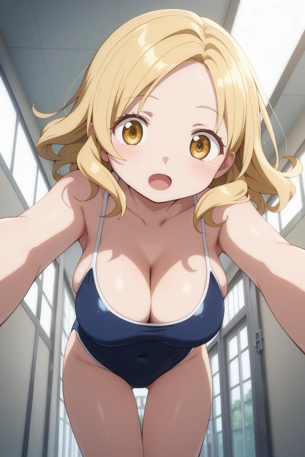 masterpiece, best quality, detailed beautiful face and eyes, very detailed background, Mami Tomoe, megami magazine, medium blonde hair, parted bangs, yellow eyes, large breasts, 1girl, (surprised), looking at viewer, school hallway, one-piece swimsuit, lea...