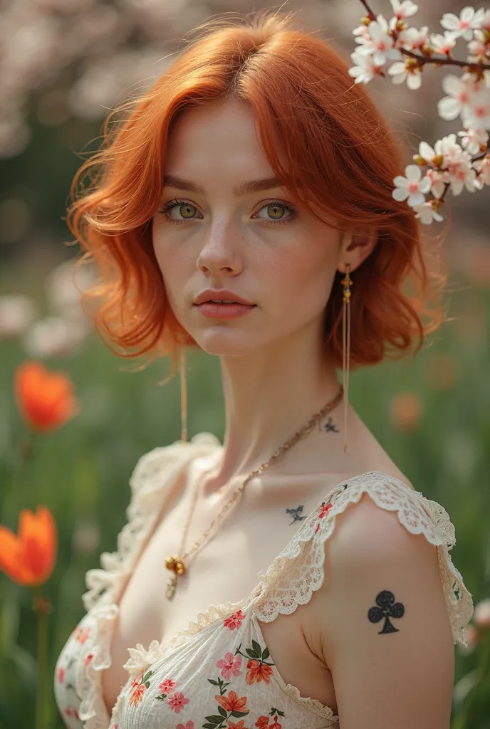 masterpiece, best quality, Spring Outfits, Short-haired redhead , Outdoors,  magazine cover  ,upper body, ((((  pretty small Queen of Spades tattoo on neck  , 18yo ))))