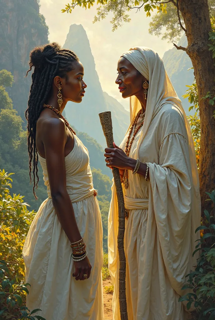 A young dark black africa lady asking dark black old woman wearing white with staff carved with sacred symbols questions. Africa fantasy