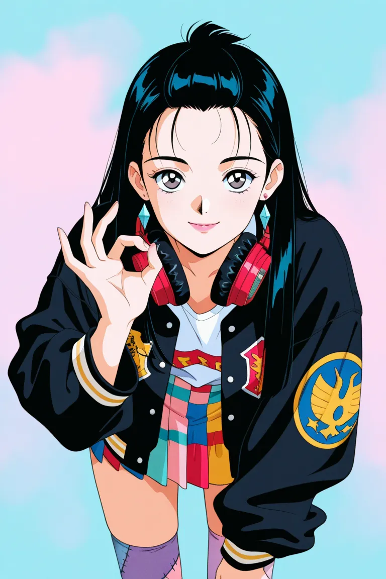 masterpiece,best quality, retro artstyle, 2000s \(style\), pastel colors,
1girl, black hair, long hair, straight hair, bangs pinned back, grey eyes, detailed eyes, diamond earring, hair behind ear, pink lips, oversized jacket, letterman jacket, black jacke...