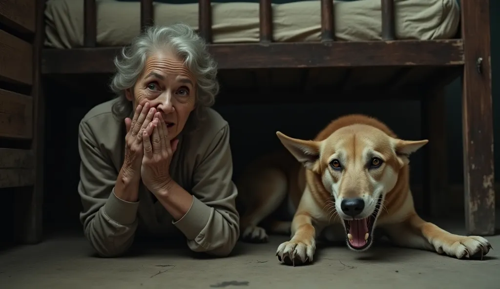 A DOG WITH BARS UNDER THE BED WITH ITS TEETH OPENED, AN OLD WOMAN STANDS NEXT WITH HER EYES WIDE OPEN, ONE HAND COVERING HER MOUTH, THE OTHER HANDS POINTING UNDER THE BED, SHE SEEMS TO BE FEARED AND SHAKING, SETTING IN VIETNAM