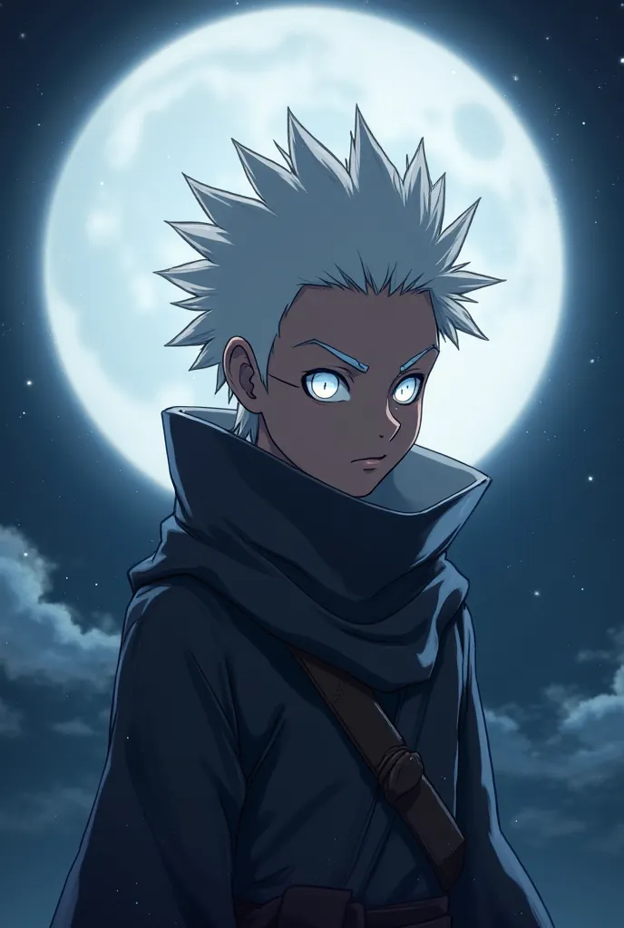 Create an anime-style image from shoulder up, of a young ninja, with pointed white hair, white eyes, with a scar crossing the left eye from top to bottom and the left eye closed, with a moonlit night background in eclipse