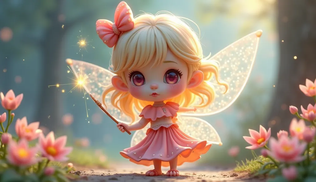 Little fairy,  beautiful, wearing a long skirt, glowing transparent wings, a magic wand handle,  chibi style 3d