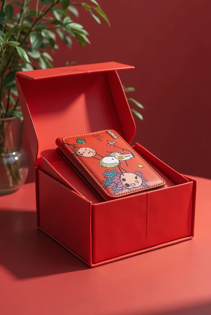 Make a rectangle red packaging box for wallet. Make sure the outside box is with design pleasing. Make it realistic and humaniza cartoon or graphic