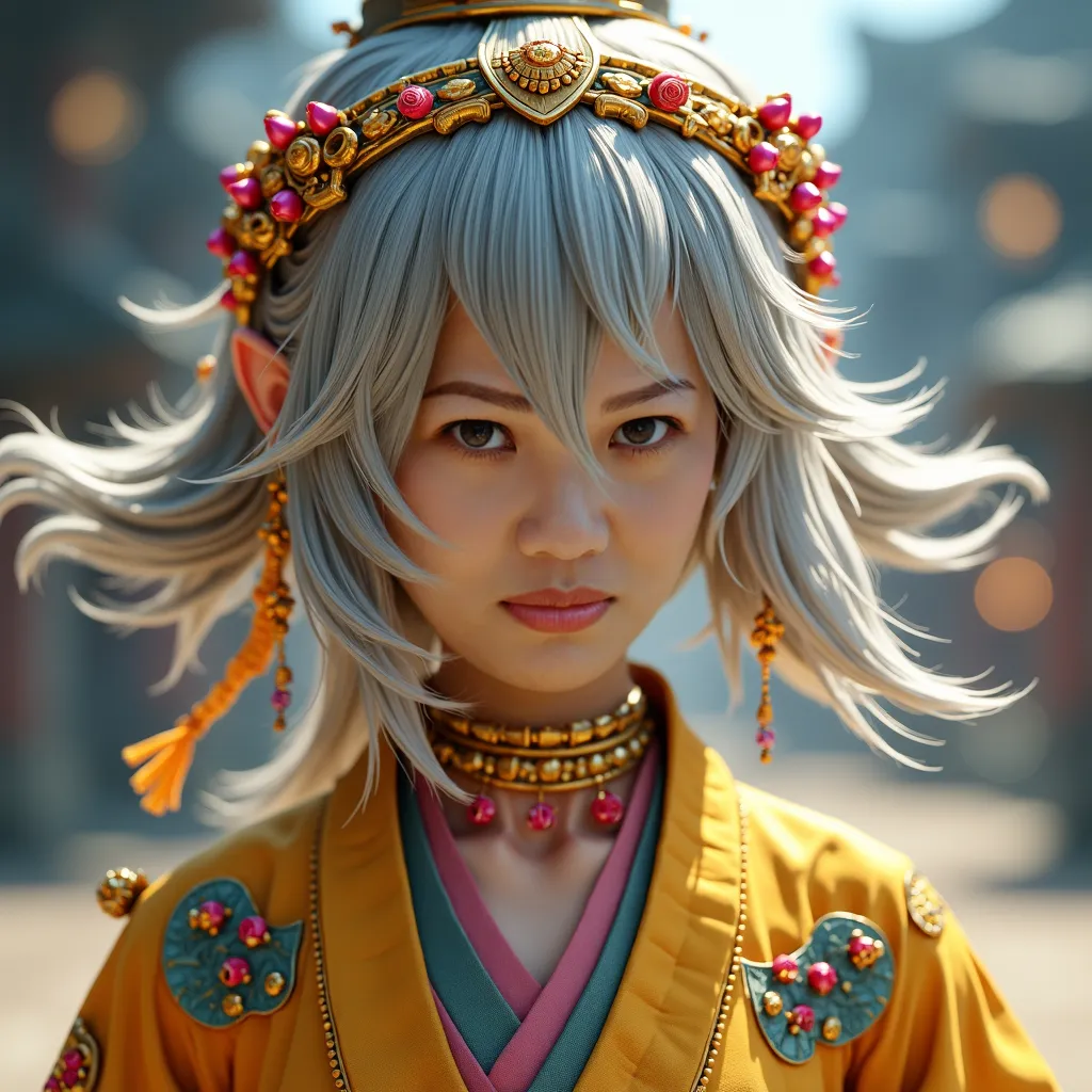 A gray-haired woman wearing a gold bead chain headdress in colored yarn，with hair and gold tassels hanging down on the left and right sides，A gorgeous necklace with pink, red, and gold embellishments around the neck，wearing a yellow and blue gradient inter...