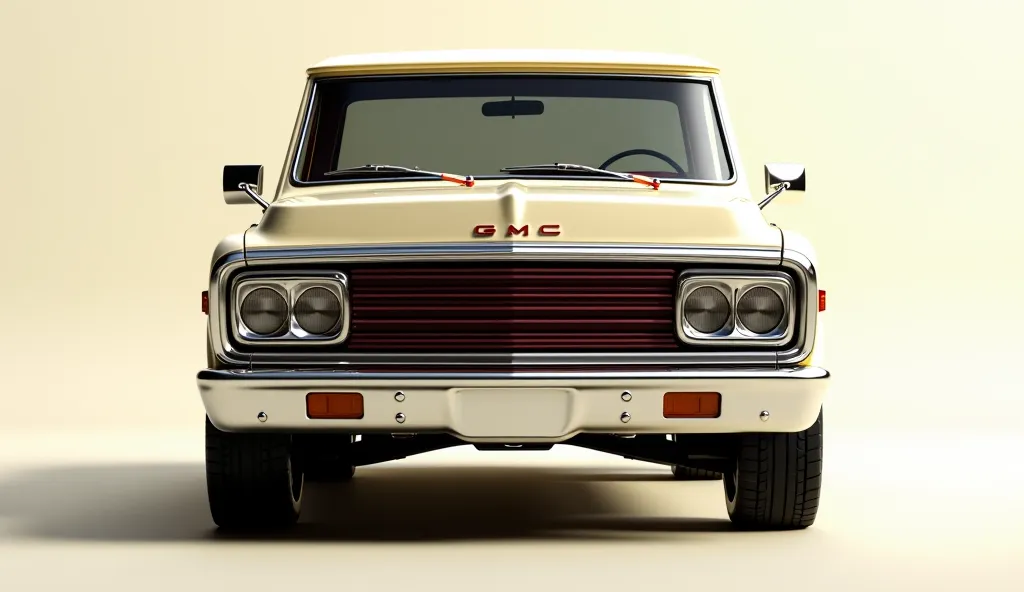 Front view of a retro-styled luxury 1970 GMC VINTAGE PICKUP with a modern twist, inspired by classic designs from the 1970s. The car has a sleek CREAM exterior with a bold grille featuring a luxury logo, circular headlights with red accents, and aerodynami...