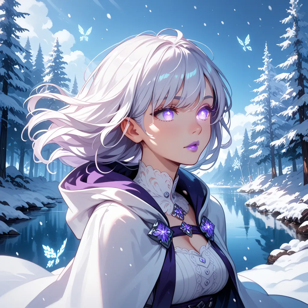 A close-up of an adult woman with short loose silky white hair, next to a sparkling frozen lake in a snowing winter forest, wearing a white sweetheart dress (cleavage), a long white cloak linked over her shoulders and a hood over her head. Glowing white-pu...