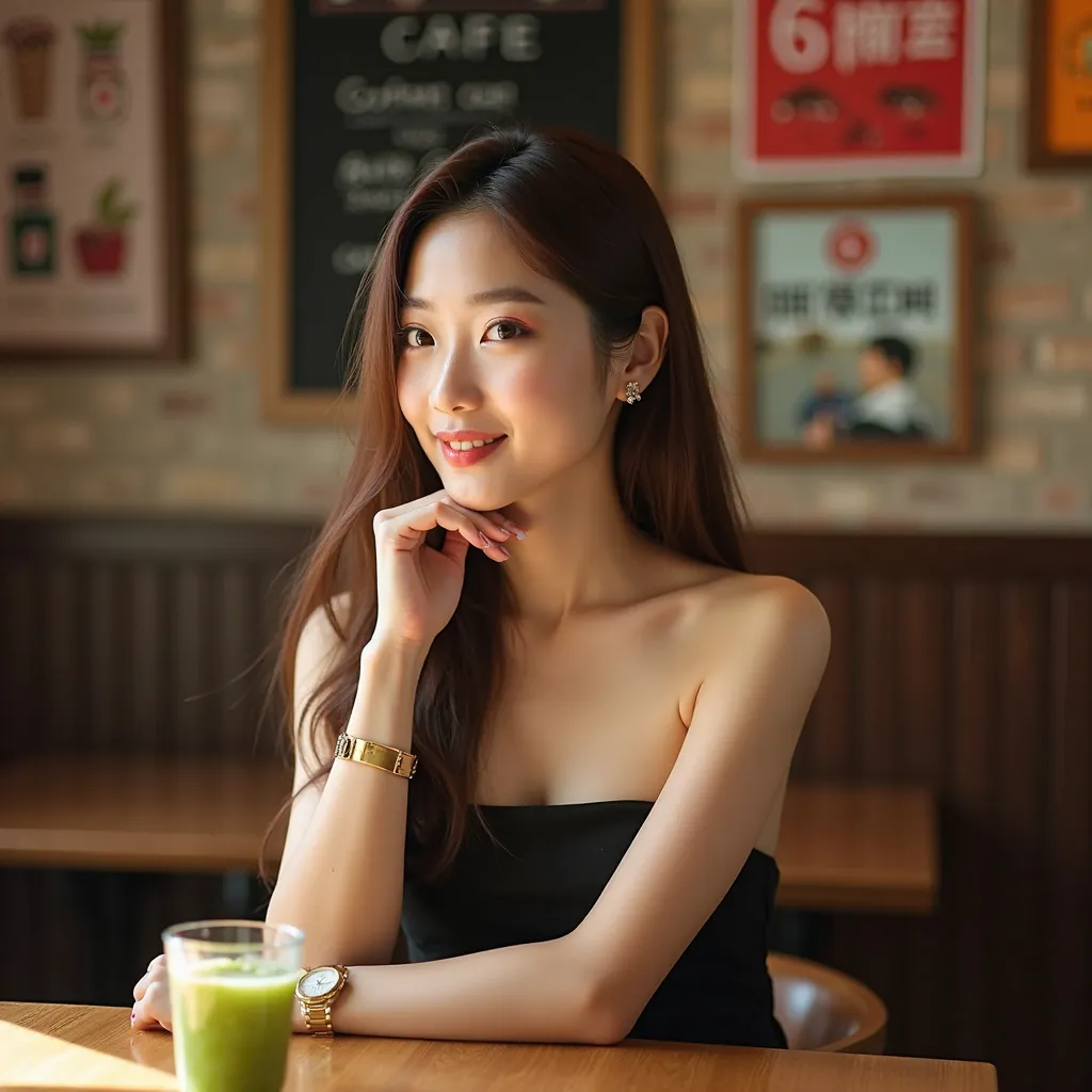 Photo of a beautiful Asian woman with long straight brown hair. She has fair skin, a gentle face and light makeup. Her posture is neutral. She wears a gold watch on her left wrist. She sits at a wooden table in a warm cafe with exposed brick walls and colo...