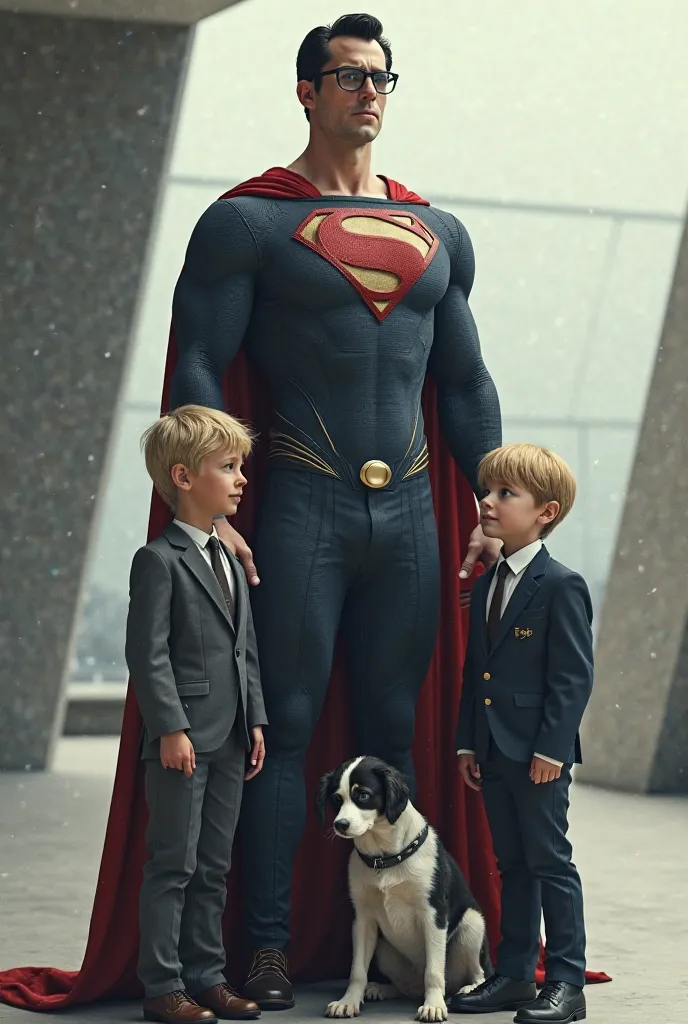 Creates an image composed of Superman and two male boys.
Superman wears glasses.
The two boys are blond with blue eyes.
A black and white dog next to the older 