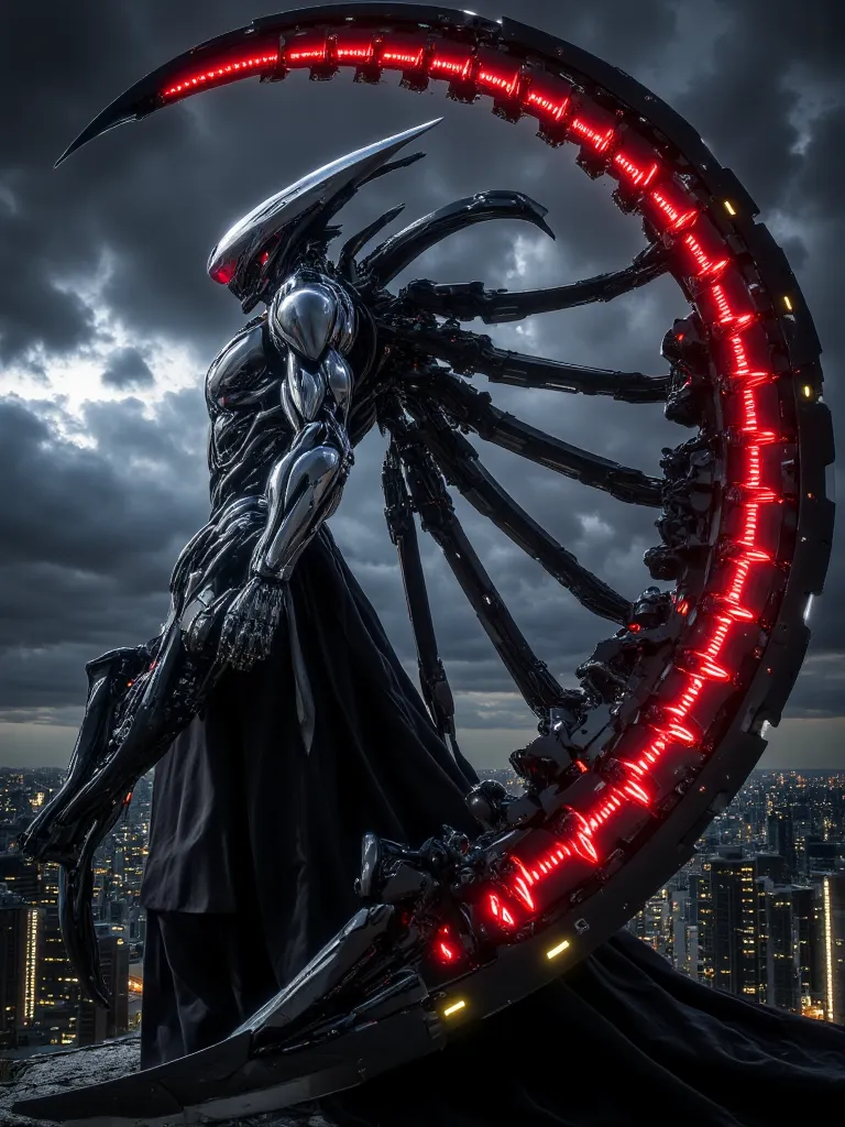 "A futuristic cybernetic warrior standing against a dark, stormy sky overlooking a cyberpunk cityscape at night. The figure is a fusion of advanced robotics and sleek metallic armor, with a skeletal yet elegant design. Its head features a sharp, streamline...