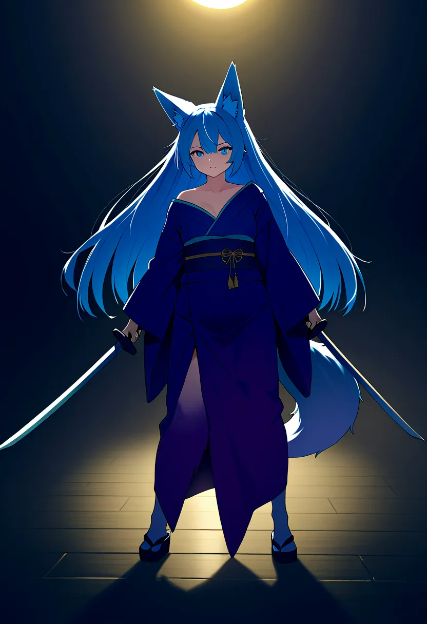 fox Light blue hair 　beast girl　indigo fur　fox beast girl　girls pregnancy 5 months fox Light blue hair 　beast girl　indigo fur　fox beast girl　Full-body portrait、Are standing、Holding a sword、woman、kimono、Wolf Ears、Wolf&#39;s Tail