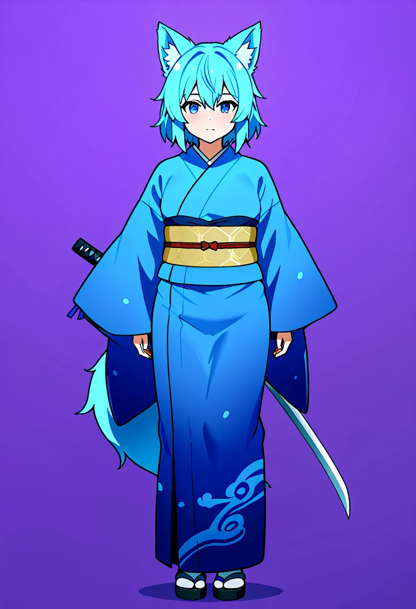 fox Light blue hair 　beast girl　indigo fur　fox beast girl　girls pregnancy 5 months fox Light blue hair 　beast girl　indigo fur　fox beast girl　Full-body portrait、Are standing、Holding a sword、woman、kimono、Wolf Ears、Wolf&#39;s Tail