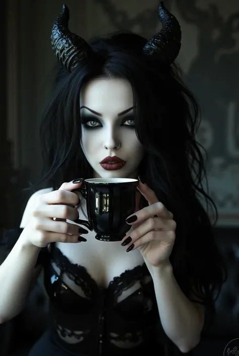 demon woman, pale skin, little horns, messy hair, in a black negligee, waking up, drinking her coffee, black claws, photorealistic, high quality, 8k, detailed, cinematic lighting, dramatic shadows, moody colors, dark fantasy, gothic, oil painting, female p...