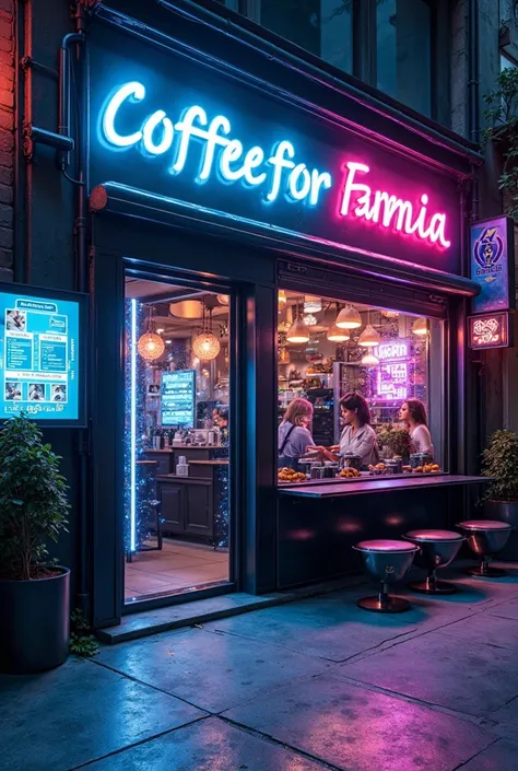 A cyberpunk-inspired coffee shop exterior with a sleek black metal facade illuminated by vibrant neon blue and pink lights. The entrance is a futuristic sliding door with holographic effects, and the signage is a glowing digital display with animated eleme...