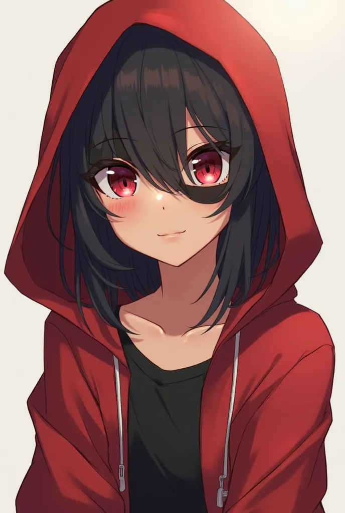 I want a girl in anime style with the following specifications: 1. Brown skin 2. Dark hair 3. Black t-shirt 4. Open red sweatshirt, with the hood over the head 5. Red and big eyes 6. Black patch on the left eye 7. The free eye that shines in a crimson shad...