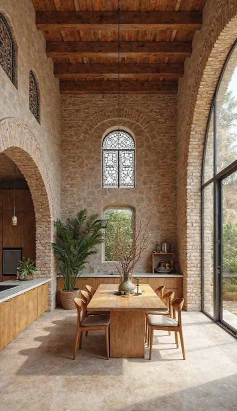 A house with a combination of authentic Iranian design and modern elements. The architecture features traditional brick walls combined with contemporary details. The interior design of a kitchen with modern furniture uses natural wood and a small amount of...