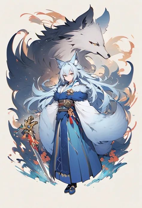 fox Light blue hair 　beast girl　indigo fur　fox beast girl　fox Light blue hair 　beast girl　indigo fur　fox beast girl　Full-body portrait、Are standing、Holding a sword、woman、kimono、Wolf Ears、Wolf&#39;s Tail