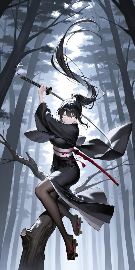 masterpiece,  latest,  vibrant, wopen leg, high contrast, mature woman,  Hinata Hinata,   black hair,  pony hair,  straight hair , HIGH PONYTAIL LONG HAIR, white eyes,  Black Tight Kimono , geta, full body,  expressionless,  sharp eyes, deep forest night (...