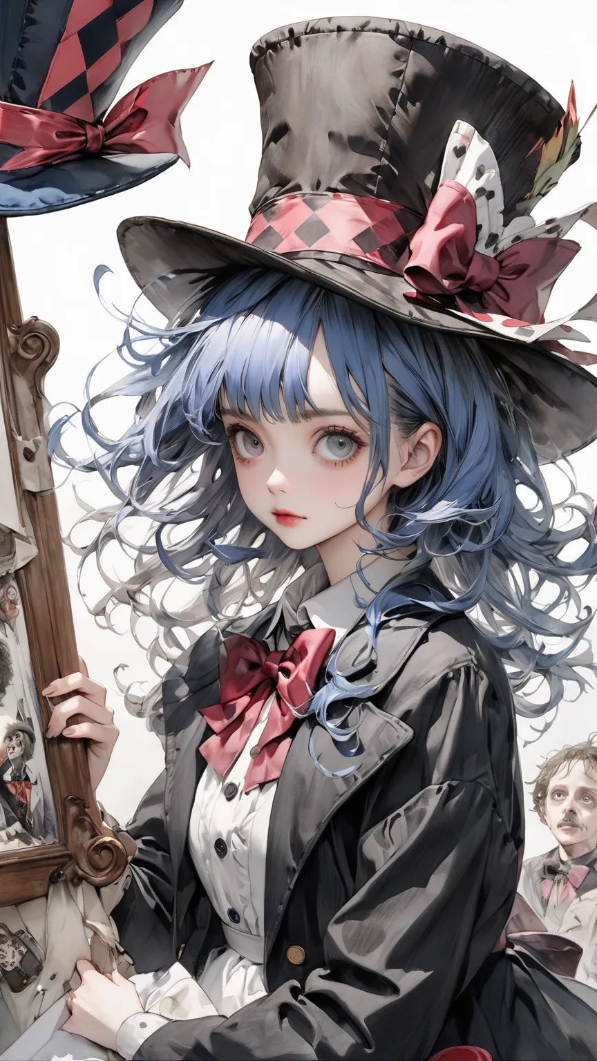 high image quality, masterpiece, Anatomically  accurate  ,  accurate,  Top Quality, high image quality model, high detail,   人体解剖学的に accurate ,   Norman Rockwell  &Tim Burton style、Watercolor touch、 Alice wearing a Mad Hatter hat、