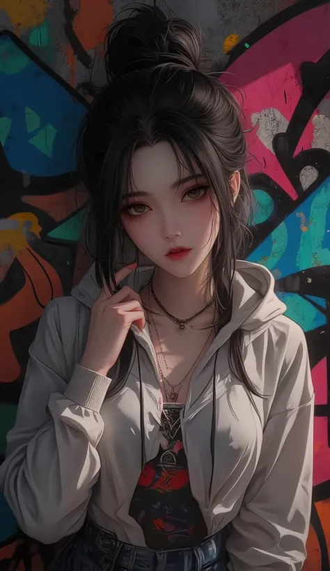 ((masterpiece)), ((Highest quality)), ((Very detailed composition)), ((Very detailed texture)), ((4K, 8k))beautiful girl, with hoodie posing charmingly facing the camera, aesthetic Graffiti background