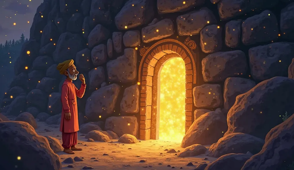 "A magical Excavation at night with glowing sparkles in the air. A mysterious golden door is embedded in the Excavation, glowing brightly with magical energy. A Indian man, wearing in a red kurta and  stand in front of the door, looking surprised and curio...