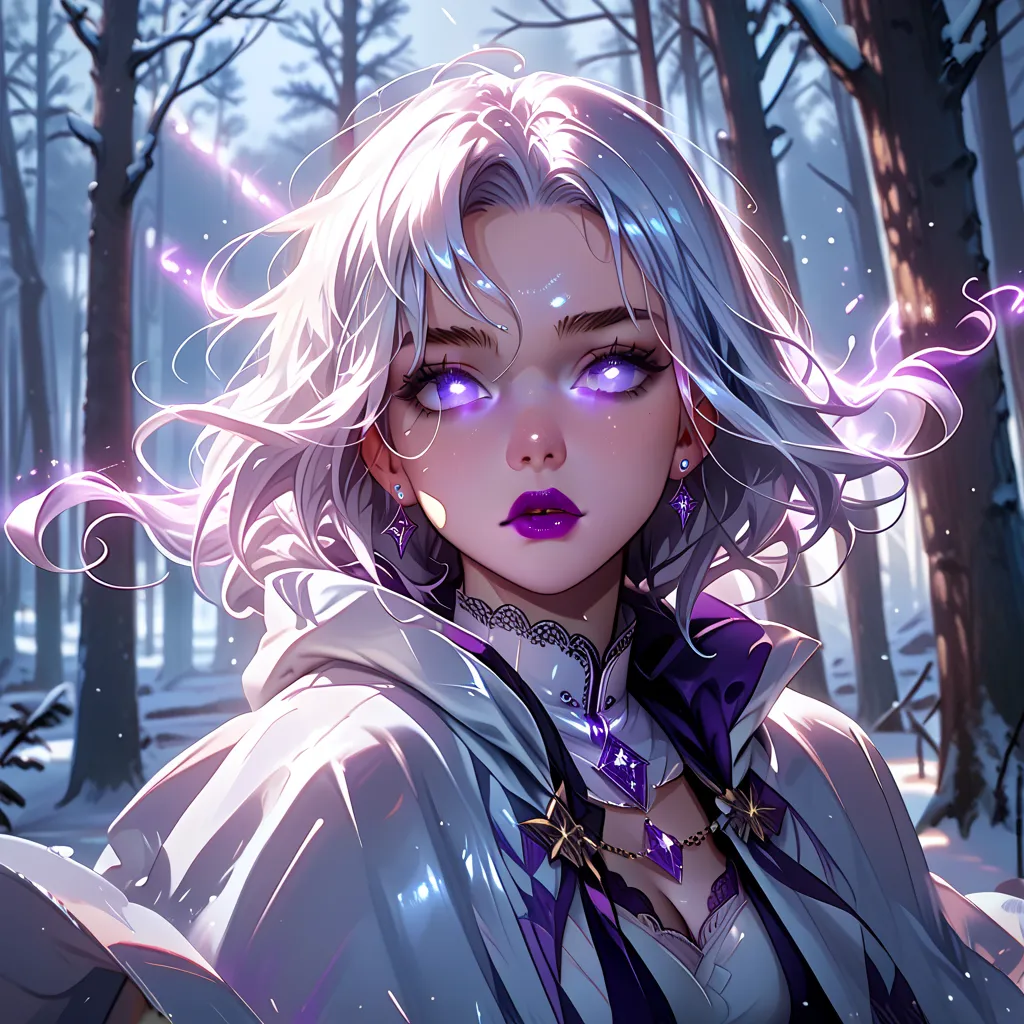 A close-up of an adult woman with short loose silky white hair, next to a sparkling frozen lake in a snowing winter forest, wearing a white sweetheart dress (cleavage), a long white cloak linked over her shoulders and a hood over her head. Glowing white-pu...