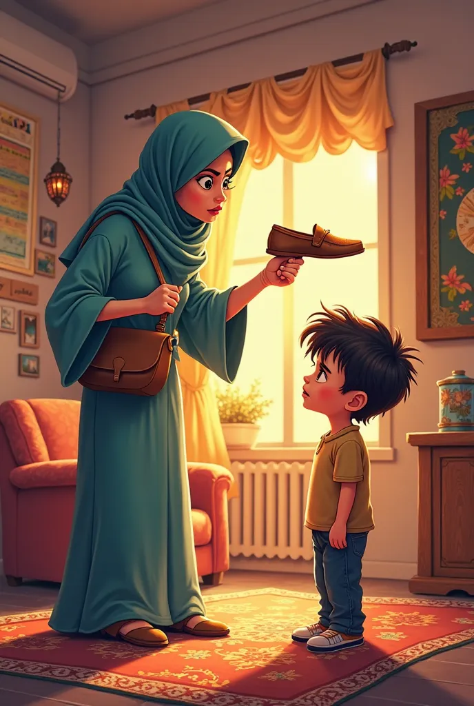  I want a cartoon photo about a mother shouting on her ager son to bring the bashamel pasta from the oven and holding her slipper to hit him and she is so angry in the living room with Ramadan vibes