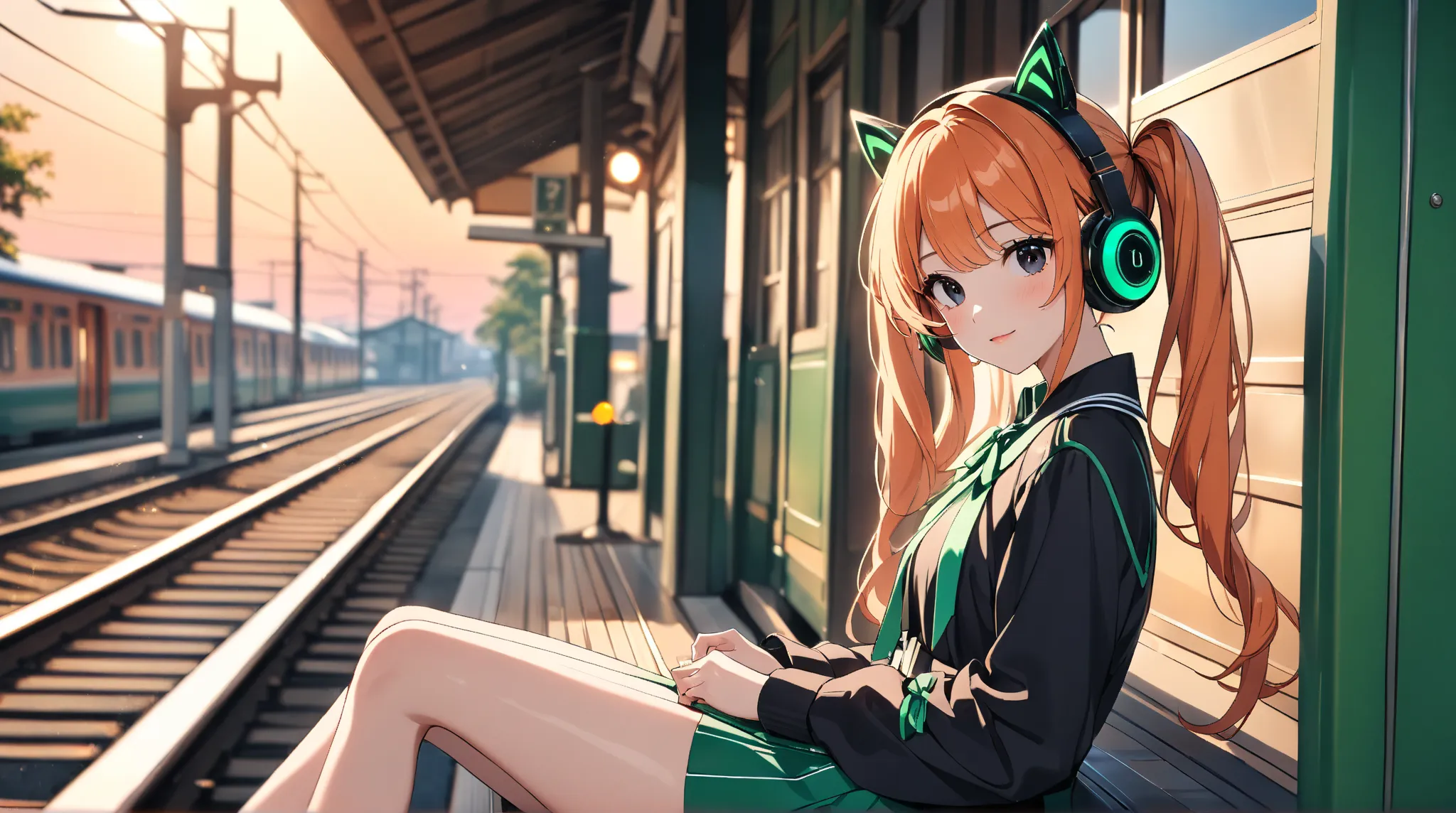 train station platform in a rural Japanese town in the 1970s、Crimson sunset sky、Japanese high school girl sitting on a train station platform bench and waiting for a train、in the background is a beautiful ocean and sunset sky、Front Front View Shot、The colo...