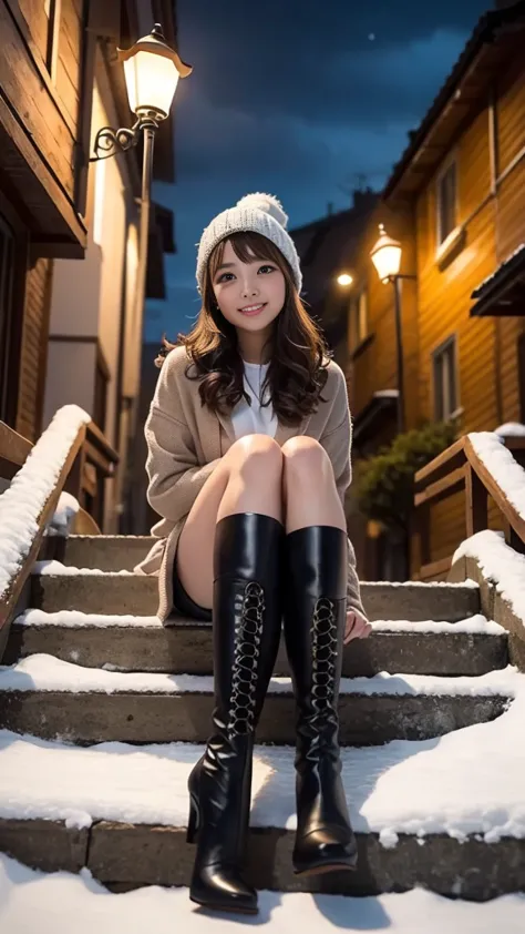  Knee High Heels Boots 、 Snowy Scenery 、sit on a stone staircase in a park in the middle of the city at night、Street lamp light、City lights、Bokeh、cinematic light、soft lighting、 align your toes 、Put on both knees and close、Focus on your toes 、from below、Kni...