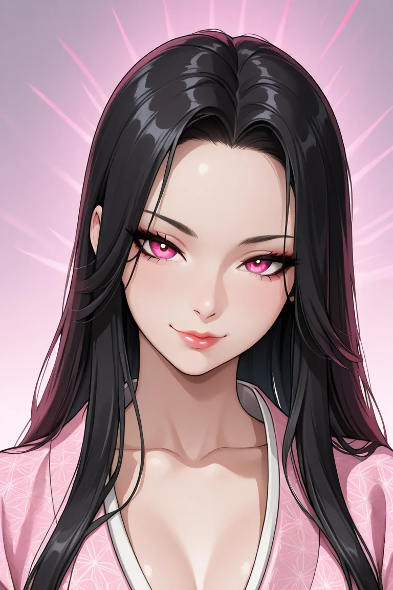 single, solo, girl, beautiful face, beautiful eyes, beautiful skin, super high quality, hyper detail body, ultimate quality, (malicious:1.1), (villain:0.3), seductive, black hair, kimono, forehead, center parted hair, long hair, (light makeup:0.6), temptat...