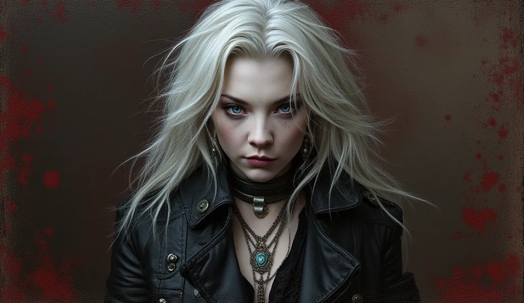 An extremely detailed hyper realistic photo depicting a dark edgy woman portrayed by a young Sophia Tatum in a gothic/punk style. She is albino and has piercing violet eyes. Her long white hair is flowing and slightly disheveled, creating a dramatic effect...