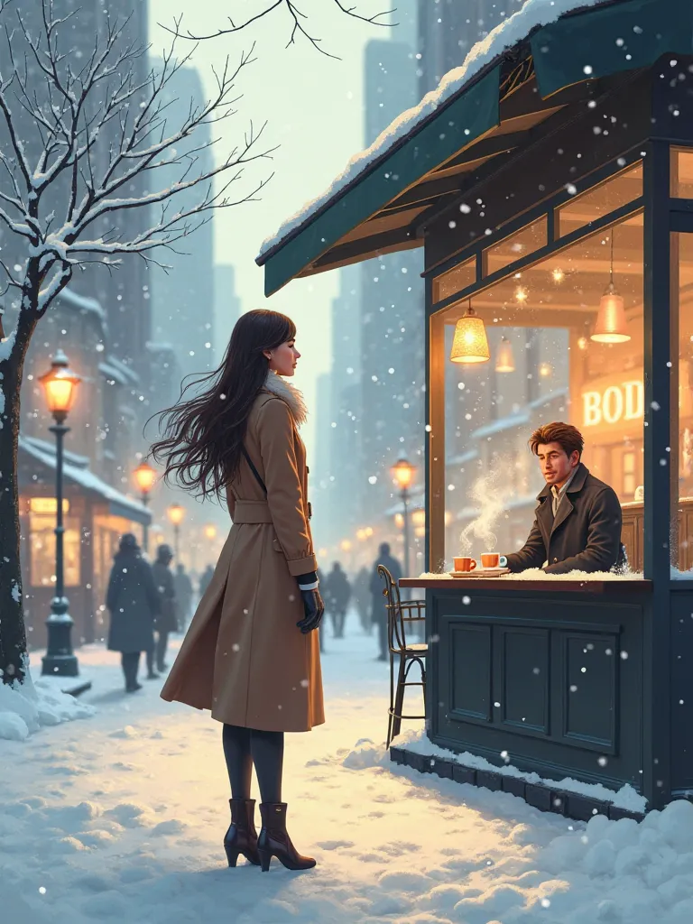 On a snowy day in a crowded city, he saw a brown-haired woman in front of a man sitting in a gristle cafe sipping his hot coffee