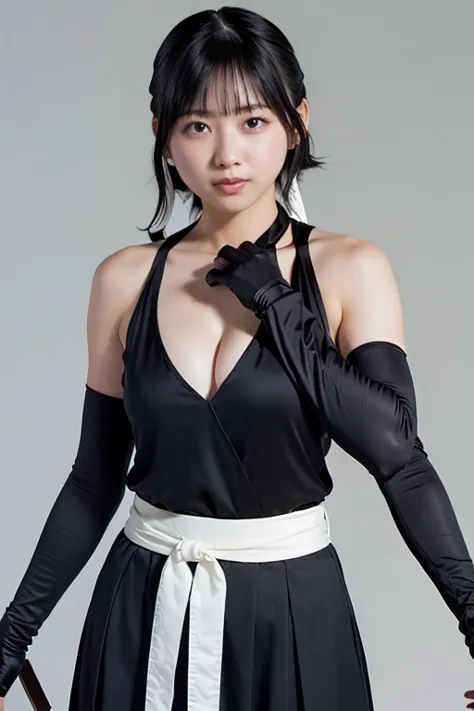 outdoor, 1 girl, solo,   black hair,  short hair with long locks,  short hair, (detailed face),  very delicate and beautiful eyes , (big breasts), (brown eyes:1.1), rose twin blade,cowboy shooting, Face it, watching viewers,  grins,(Black Hakama),  grey ba...